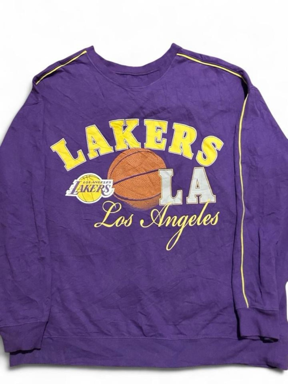 LA Lakers Crewneck Long Sleeve Shirt Yellow Sleeve Stripe Womens Plus Size 2XL